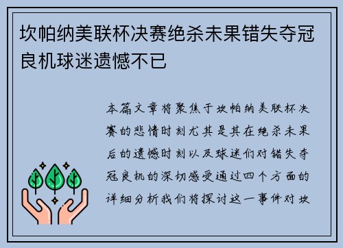 坎帕纳美联杯决赛绝杀未果错失夺冠良机球迷遗憾不已