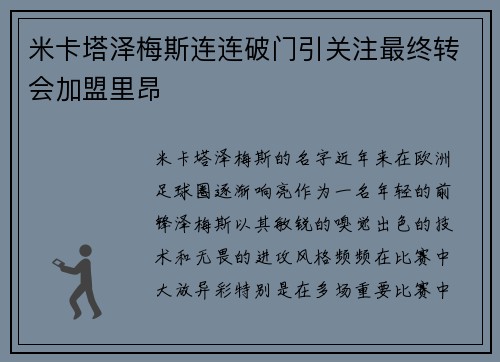 米卡塔泽梅斯连连破门引关注最终转会加盟里昂